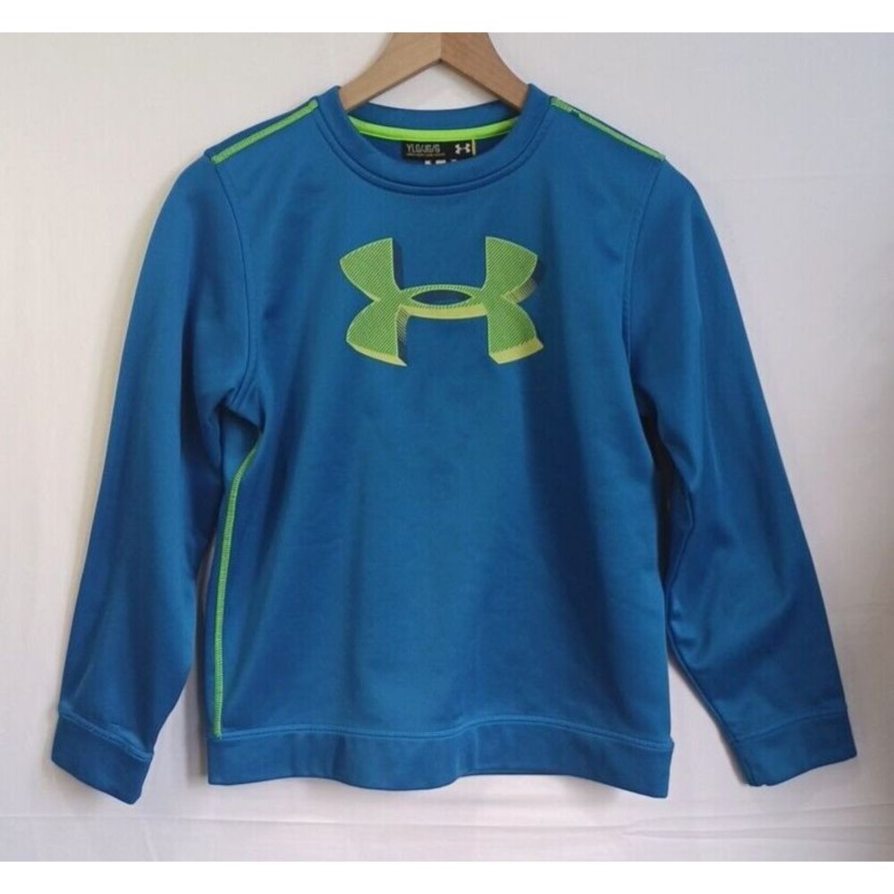 Under Armor Unisex Youth Blue Pullover Size YLG Loose Fit Yellow Vinyl Logo